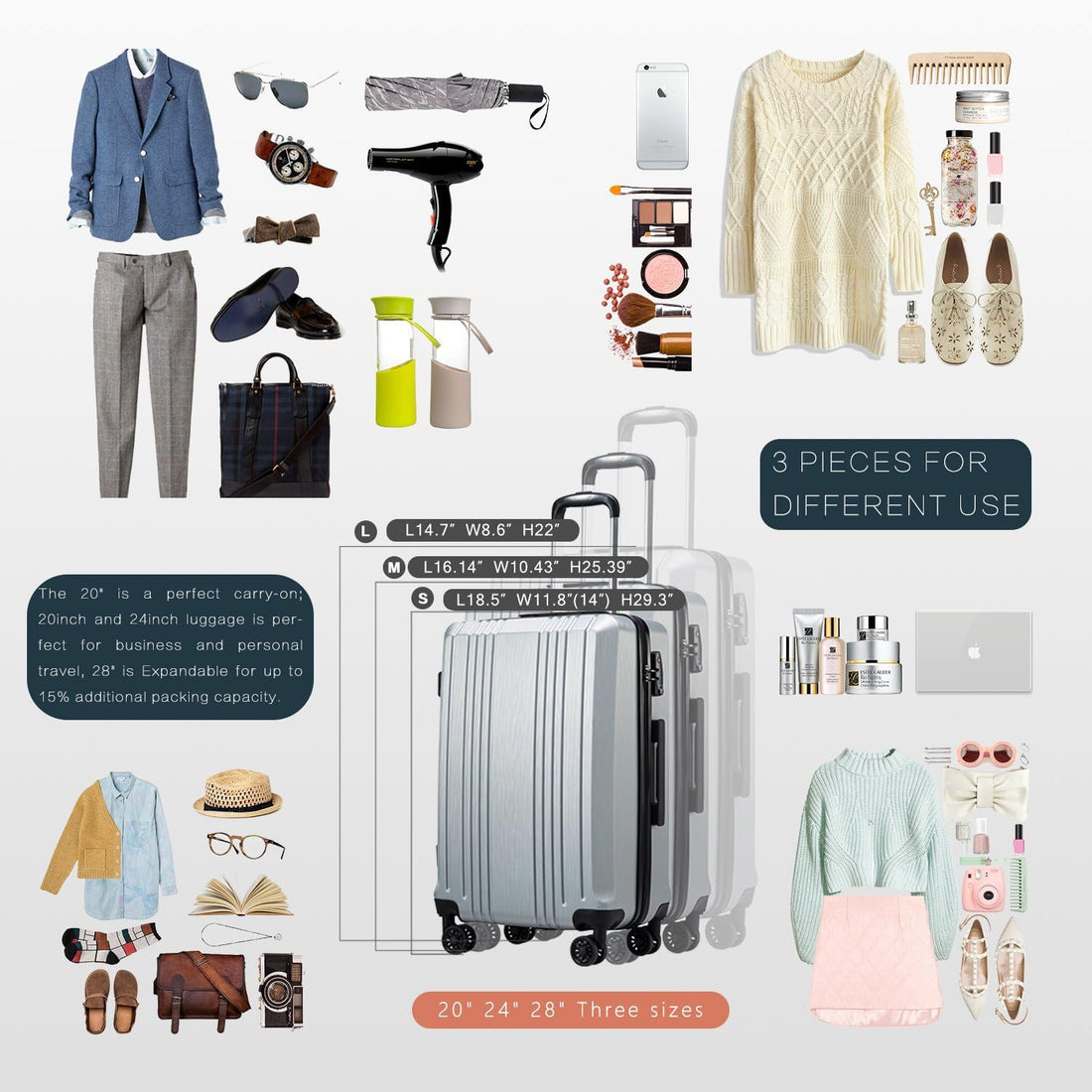 Coolife 3-Piece Expandable Luggage Set